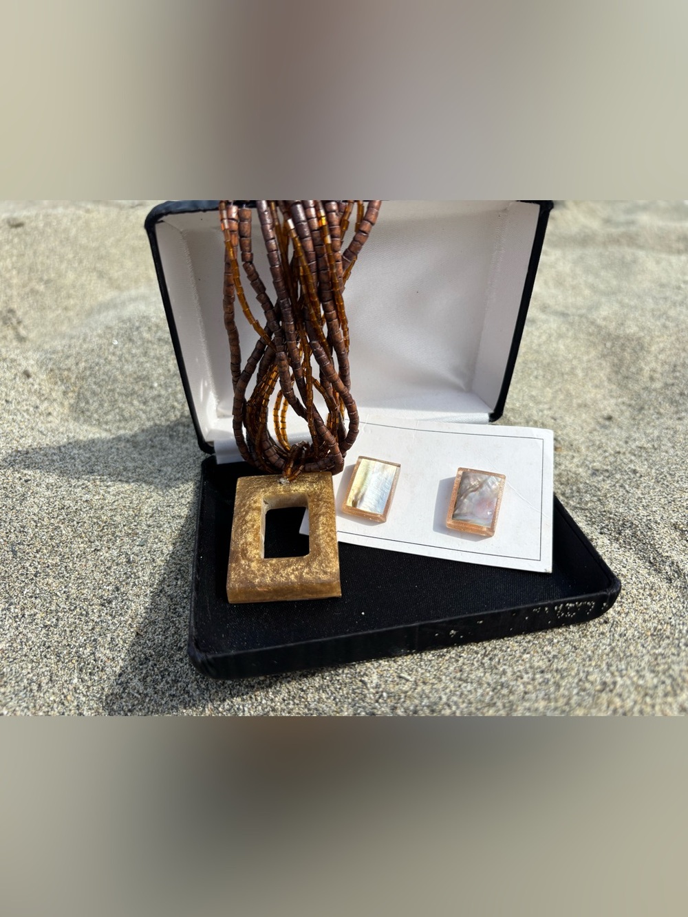 🤎 Reversible Abalone & Mother of Pearl Statement Pendant Necklace Set + Earrings - Picture 4 of 17